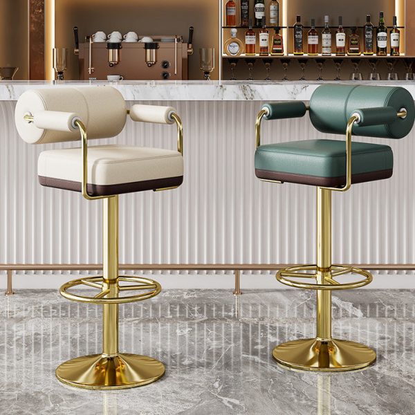 Modern Minimalist Square Upholstered Cylinder Backrest Leather Metal Bar Stool Armrest Footrest For Dining Room - Image 2