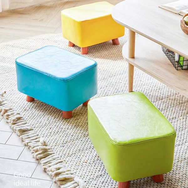 Contemporary Creative Rectangular Leather Wood Footstool Backless Armless For Living Room - Image 2