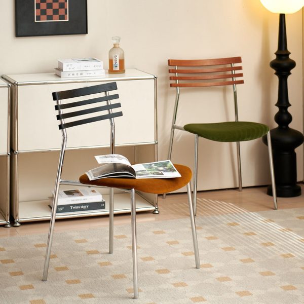 Modern Minimalist Ladderback Flannel Iron Wood Upholstered Dining Chair Backrest For Dining Room - Image 15