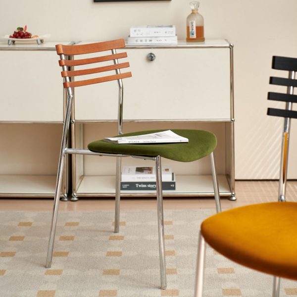 Modern Minimalist Ladderback Flannel Iron Wood Upholstered Dining Chair Backrest For Dining Room - Image 11
