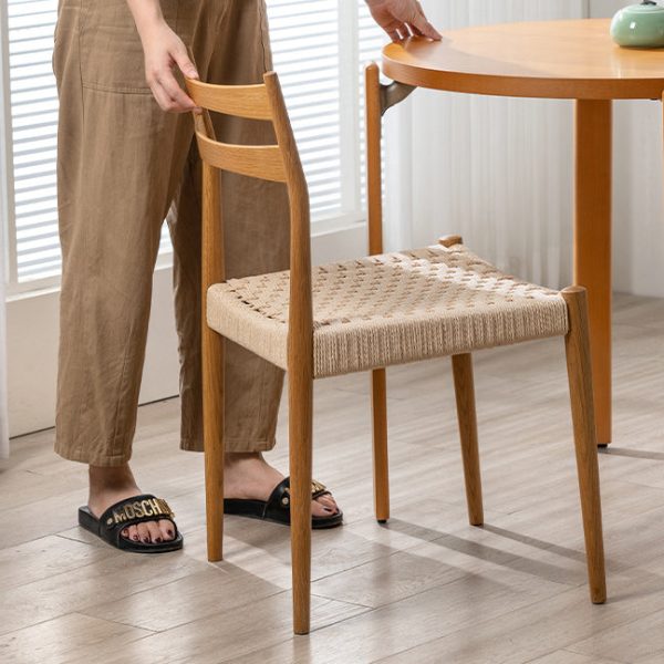 Traditional Vintage Square Wood Cowhide Rope Dining Chair Backrest For Dining Room - Image 8