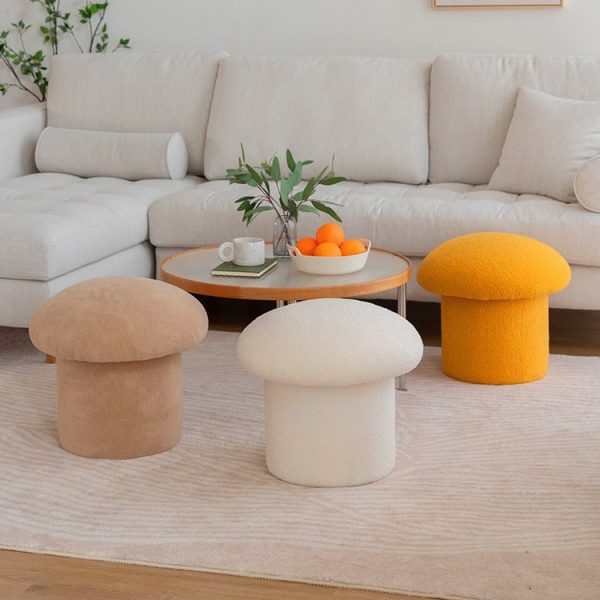 Contemporary Nordic Mushroom Shape Lambskin Low Stool For Living Room - Image 3