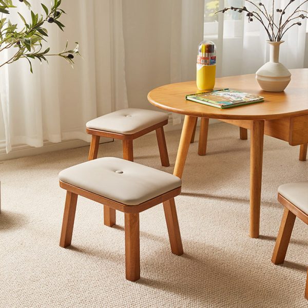 Traditional Vintage Leather Upholstered Wooden Frame Rectangle Low Stool For Living Room - Image 16