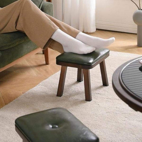 Traditional Vintage Leather Upholstered Wooden Frame Rectangle Low Stool For Living Room - Image 18
