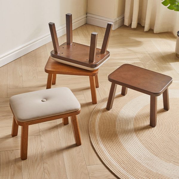 Traditional Vintage Leather Upholstered Wooden Frame Rectangle Low Stool For Living Room - Image 2