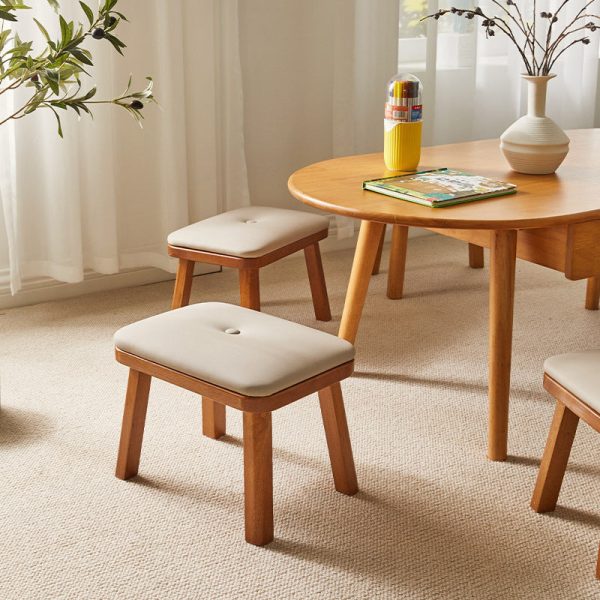 Traditional Vintage Leather Upholstered Wooden Frame Rectangle Low Stool For Living Room - Image 20