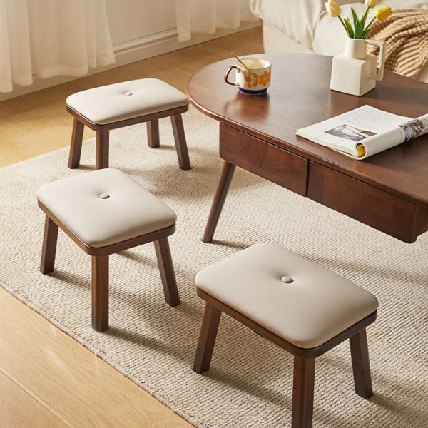 Traditional Vintage Leather Upholstered Wooden Frame Rectangle Low Stool For Living Room - Image 14