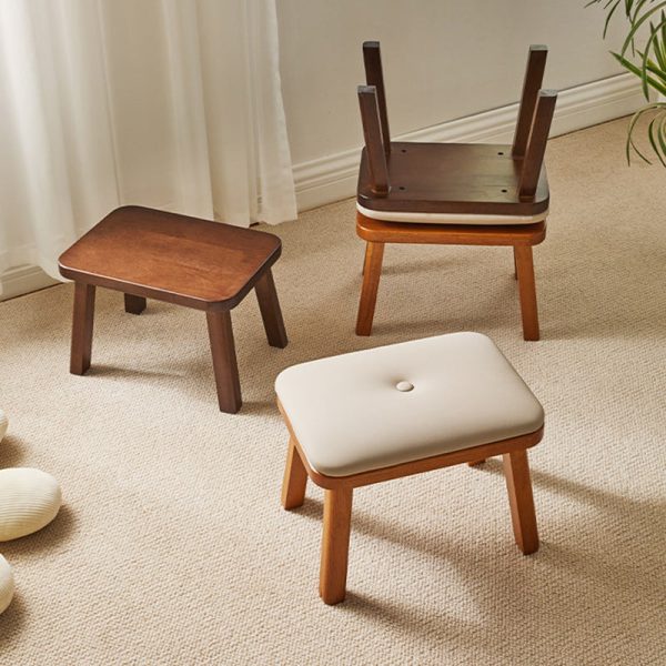 Traditional Vintage Leather Upholstered Wooden Frame Rectangle Low Stool For Living Room - Image 3
