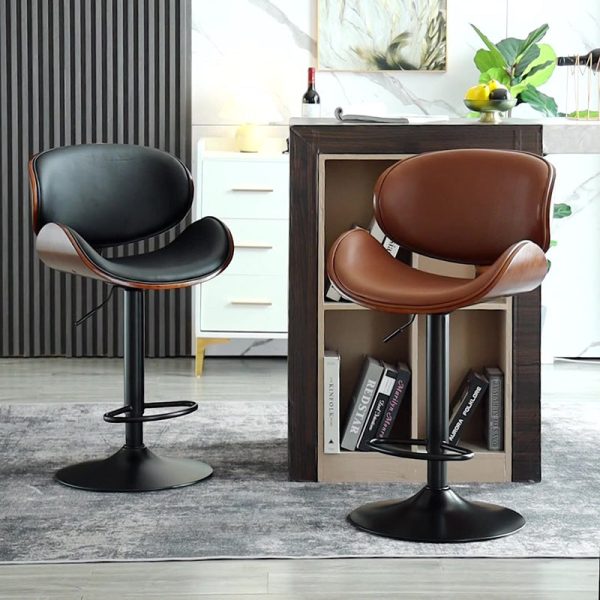 Modern Simplicity Curved Leather Wood Height Adjustable Bar Stool Backrest Footrest For Dining Room - Image 3