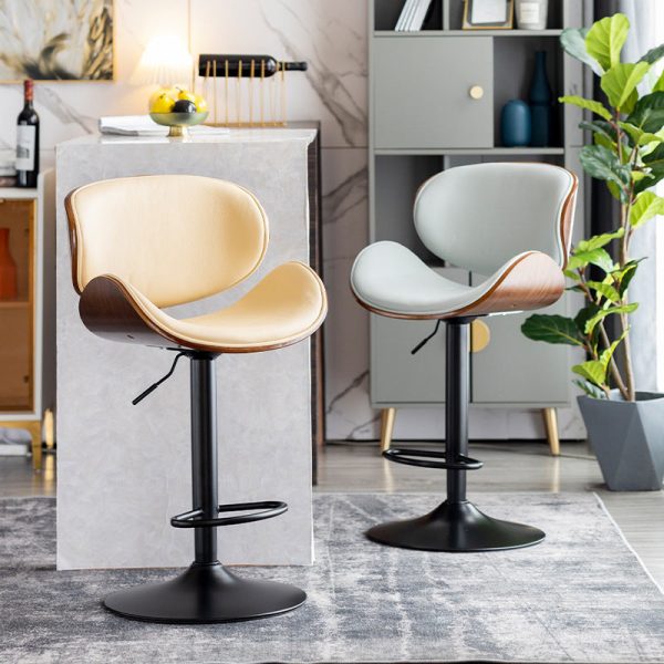 Modern Simplicity Curved Leather Wood Height Adjustable Bar Stool Backrest Footrest For Dining Room - Image 2
