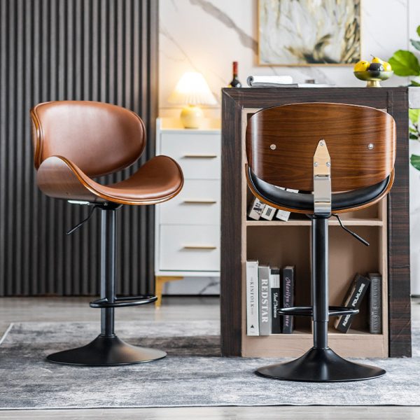 Modern Simplicity Curved Leather Wood Height Adjustable Bar Stool Backrest Footrest For Dining Room - Image 14