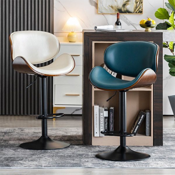 Modern Simplicity Curved Leather Wood Height Adjustable Bar Stool Backrest Footrest For Dining Room - Image 13