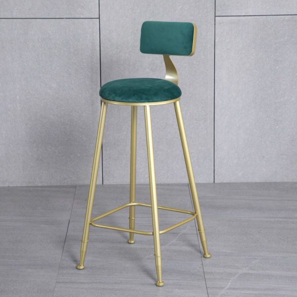 Modern Minimalist Round Velvet Metal Leg Bar Stool Low Back Footrest For Dining Room - Image 2