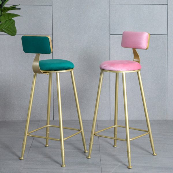 Modern Minimalist Round Velvet Metal Leg Bar Stool Low Back Footrest For Dining Room - Image 11
