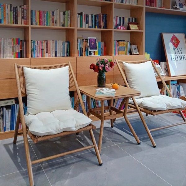 Traditional Rustic PE Weaving Rattan Imitation Wood Grain Alloy Frame Foldable Recliner Backrest Footrest For Outdoor Patio - Image 13