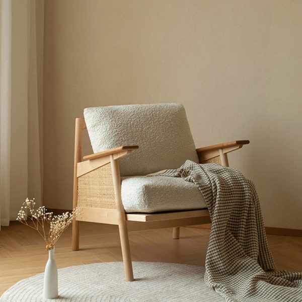 Contemporary Scandinavian Square Weaving Rattan Solid Wood Frame Accent Chair Backrest For Living Room - Image 16