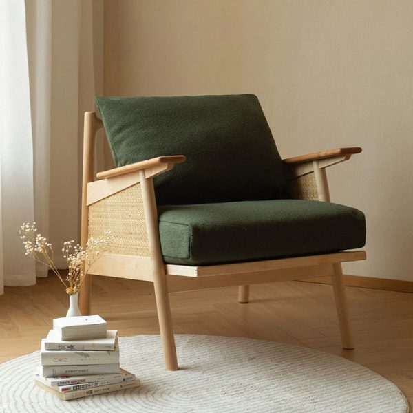 Contemporary Scandinavian Square Weaving Rattan Solid Wood Frame Accent Chair Backrest For Living Room - Image 12