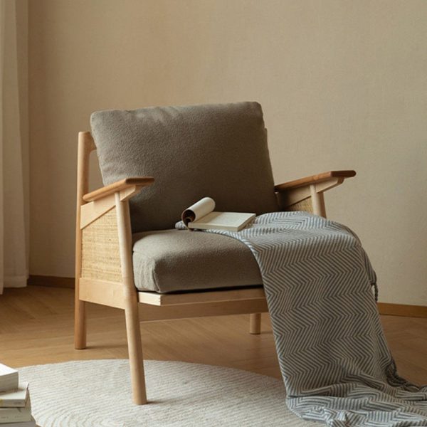 Contemporary Scandinavian Square Weaving Rattan Solid Wood Frame Accent Chair Backrest For Living Room - Image 13