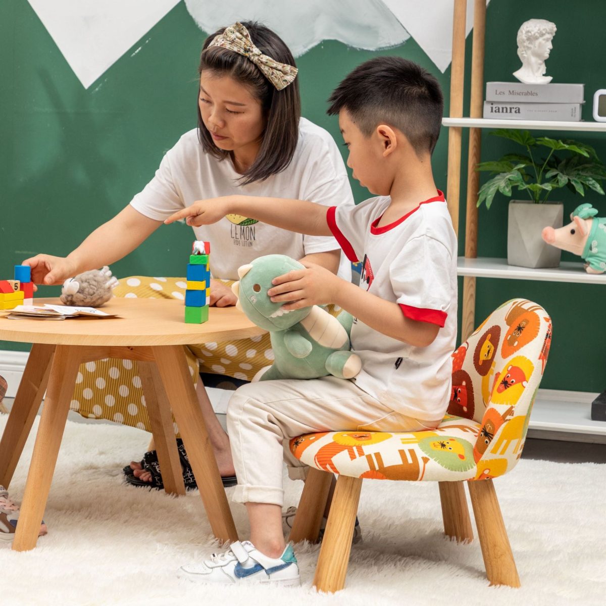 Contemporary Creative Cartoon Animal Pattern Fabric Solid Wood Low Stool For Bedroom - Image 9