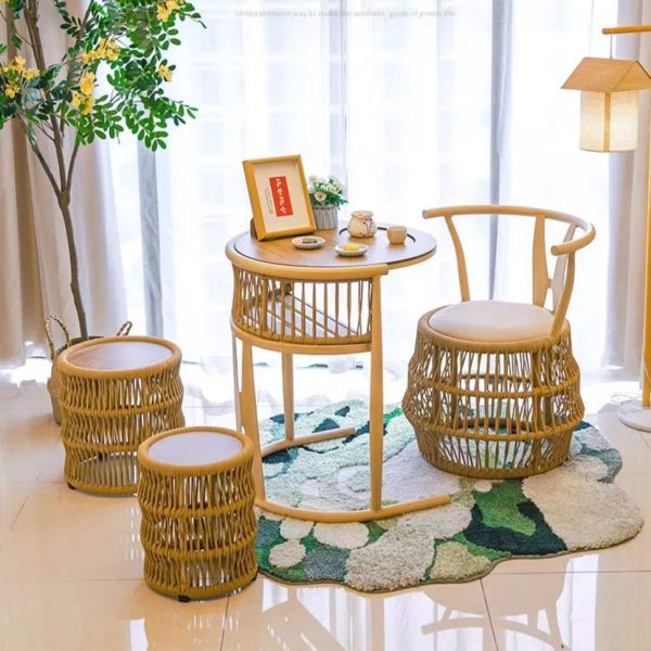 Traditional Vintage Round Aluminum Alloy PE Braided Rope Chair Arc Back For Living Room - Image 8