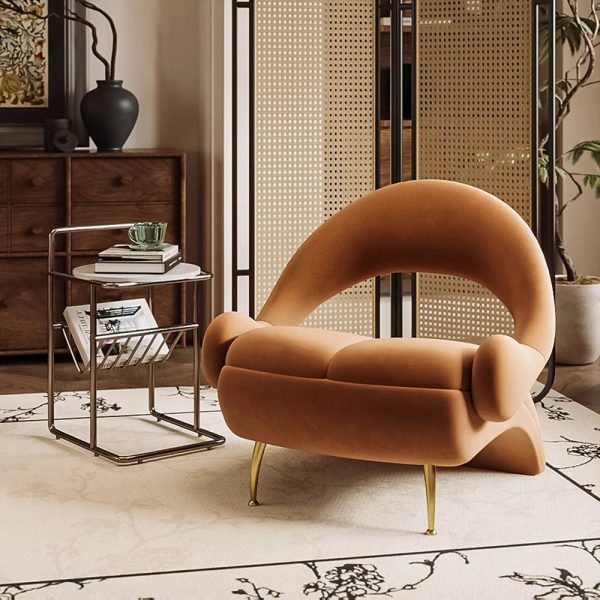 Contemporary Nordic Curved Velvet Upholstered Iron Accent Chair Open Back For Living Room - Image 2
