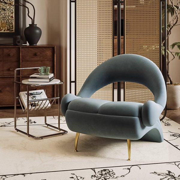 Contemporary Nordic Curved Velvet Upholstered Iron Accent Chair Open Back For Living Room - Image 9