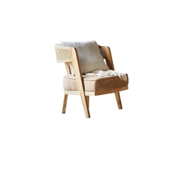 Contemporary Retro Ash Wood Frame Cotton & Linen Upholstery Accent Chair Rattan Weaving Arc Back For Living Room - Image 8