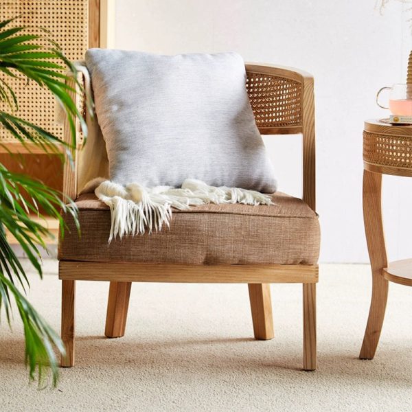 Contemporary Retro Ash Wood Frame Cotton & Linen Upholstery Accent Chair Rattan Weaving Arc Back For Living Room