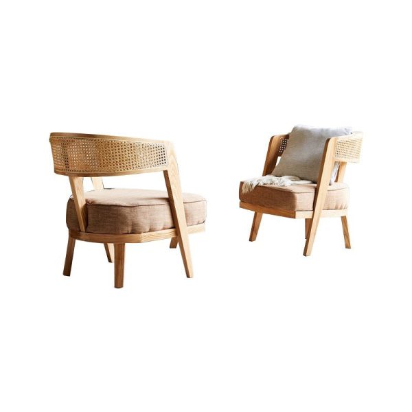 Contemporary Retro Ash Wood Frame Cotton & Linen Upholstery Accent Chair Rattan Weaving Arc Back For Living Room - Image 10