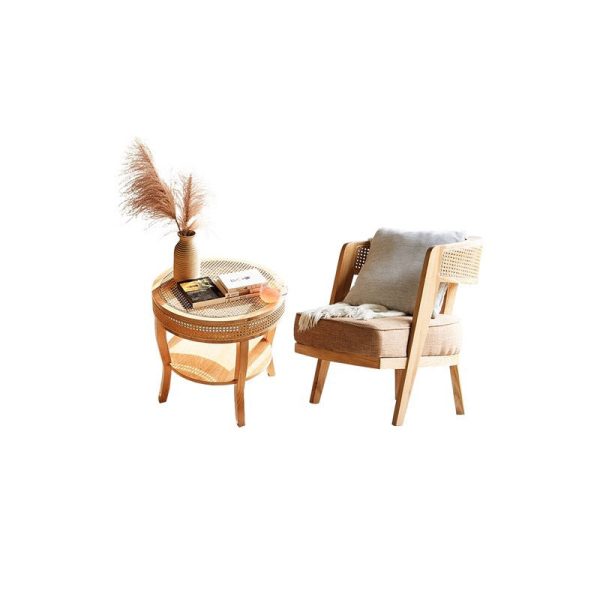 Contemporary Retro Ash Wood Frame Cotton & Linen Upholstery Accent Chair Rattan Weaving Arc Back For Living Room - Image 9