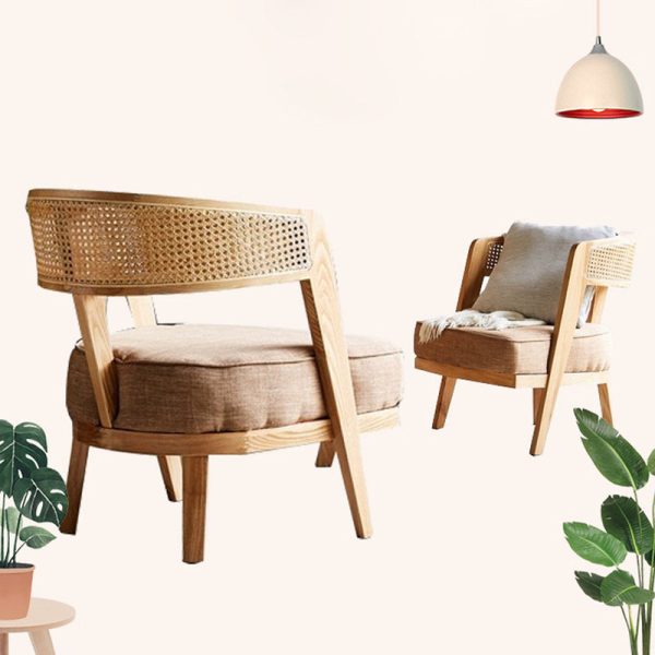 Contemporary Retro Ash Wood Frame Cotton & Linen Upholstery Accent Chair Rattan Weaving Arc Back For Living Room - Image 7