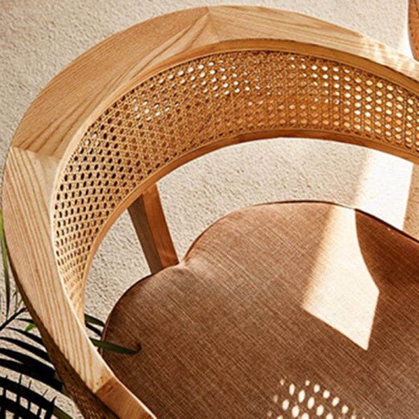 Contemporary Retro Ash Wood Frame Cotton & Linen Upholstery Accent Chair Rattan Weaving Arc Back For Living Room - Image 5