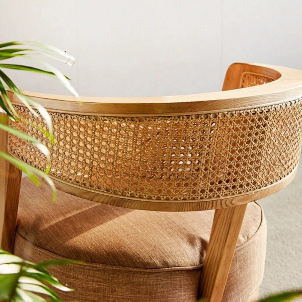Contemporary Retro Ash Wood Frame Cotton & Linen Upholstery Accent Chair Rattan Weaving Arc Back For Living Room - Image 6
