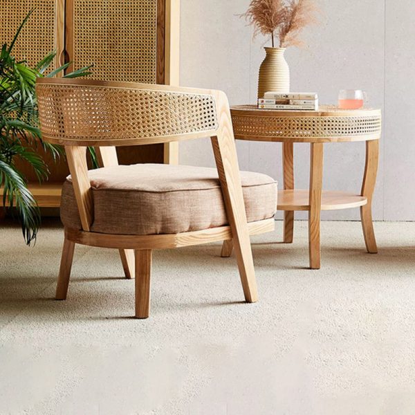 Contemporary Retro Ash Wood Frame Cotton & Linen Upholstery Accent Chair Rattan Weaving Arc Back For Living Room - Image 2