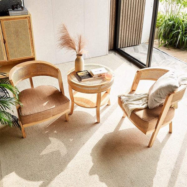 Contemporary Retro Ash Wood Frame Cotton & Linen Upholstery Accent Chair Rattan Weaving Arc Back For Living Room - Image 3