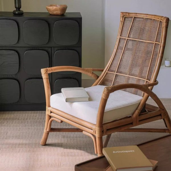 Contemporary Retro Rattan Weaving Solid Wood Lounge Chair Arc Arm For Living Room - Image 26
