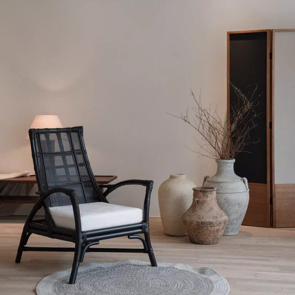 Contemporary Retro Rattan Weaving Solid Wood Lounge Chair Arc Arm For Living Room
