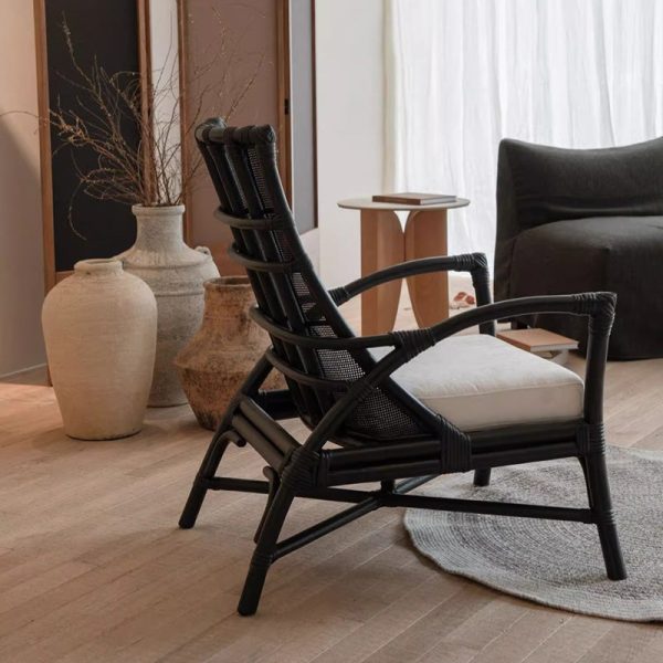 Contemporary Retro Rattan Weaving Solid Wood Lounge Chair Arc Arm For Living Room - Image 3