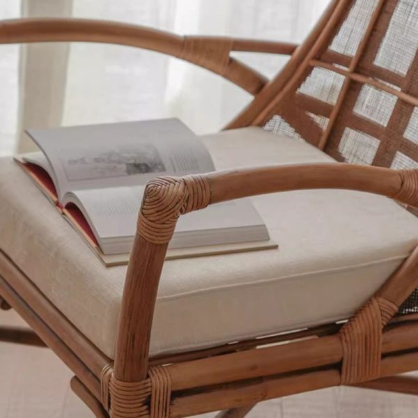 Contemporary Retro Rattan Weaving Solid Wood Lounge Chair Arc Arm For Living Room - Image 9