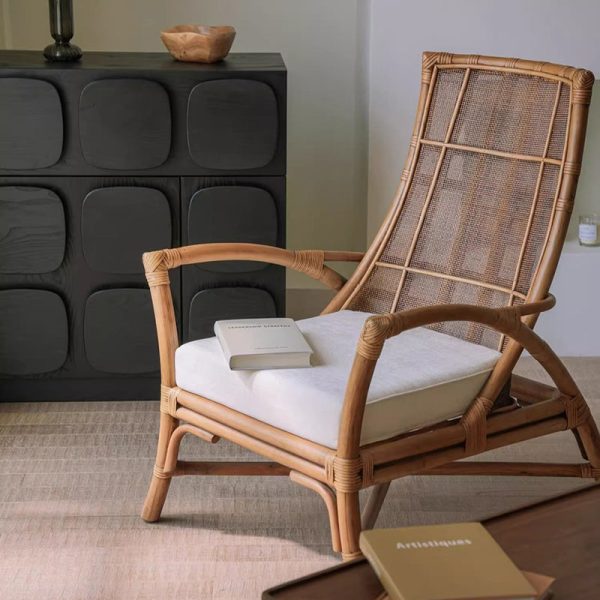 Contemporary Retro Rattan Weaving Solid Wood Lounge Chair Arc Arm For Living Room - Image 24