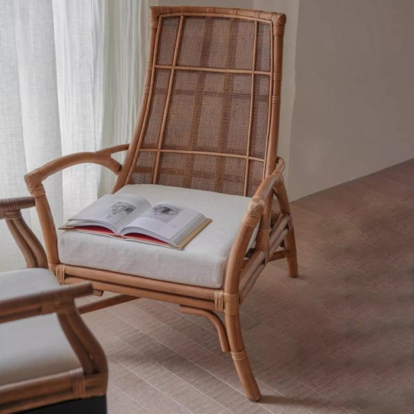Contemporary Retro Rattan Weaving Solid Wood Lounge Chair Arc Arm For Living Room - Image 17