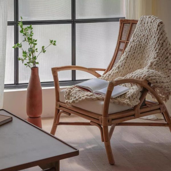 Contemporary Retro Rattan Weaving Solid Wood Lounge Chair Arc Arm For Living Room - Image 16