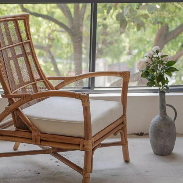 Contemporary Retro Rattan Weaving Solid Wood Lounge Chair Arc Arm For Living Room - Image 14