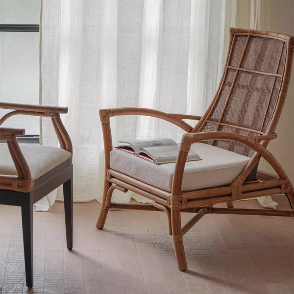 Contemporary Retro Rattan Weaving Solid Wood Lounge Chair Arc Arm For Living Room - Image 18