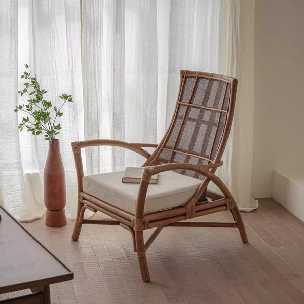 Contemporary Retro Rattan Weaving Solid Wood Lounge Chair Arc Arm For Living Room - Image 31