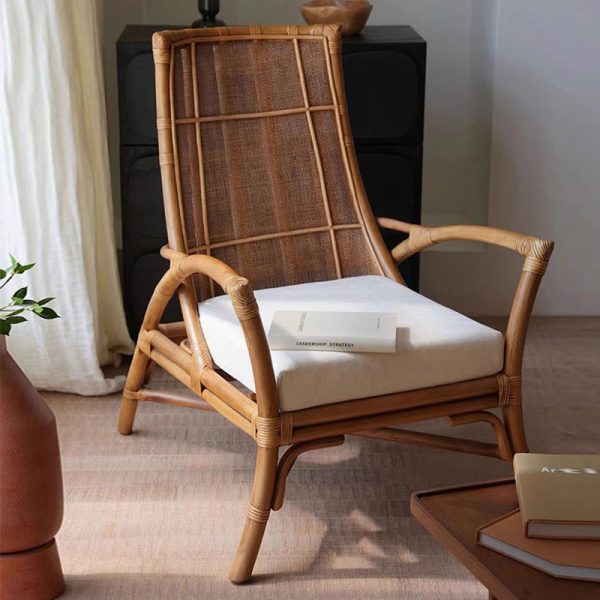 Contemporary Retro Rattan Weaving Solid Wood Lounge Chair Arc Arm For Living Room - Image 21