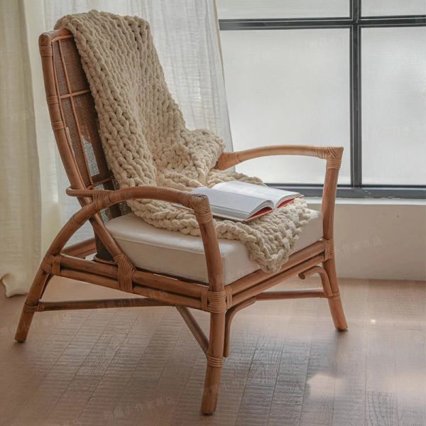Contemporary Retro Rattan Weaving Solid Wood Lounge Chair Arc Arm For Living Room - Image 19