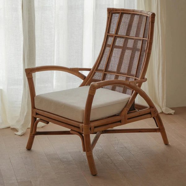 Contemporary Retro Rattan Weaving Solid Wood Lounge Chair Arc Arm For Living Room - Image 20
