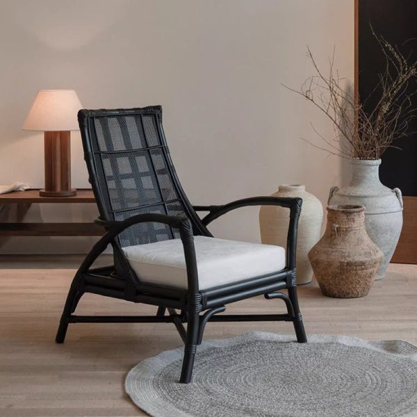 Contemporary Retro Rattan Weaving Solid Wood Lounge Chair Arc Arm For Living Room - Image 25