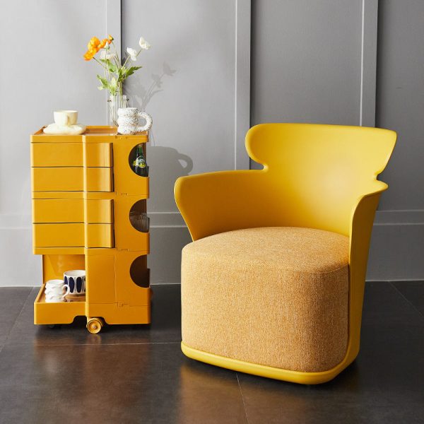 Contemporary Nordic Curved Fabric Upholstered Plastic Accent Chair Backrest Armrest For Living Room - Image 2